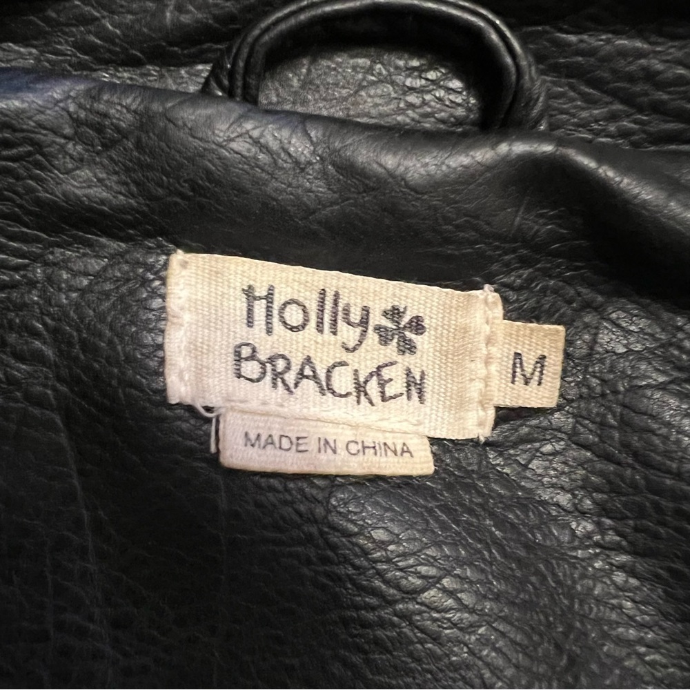 Holly Bracken Moto Faux Leather Jacket - black with floral embroidery - size M - Picture 7 of 9